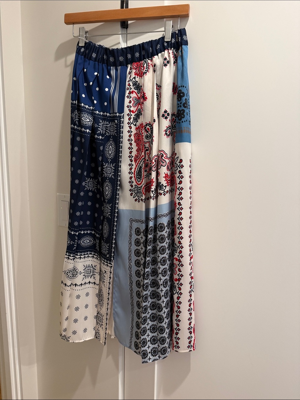MaxMara Patchwork Bandana Maxi Skirt - Navy/Light Blue/White with Red Accents